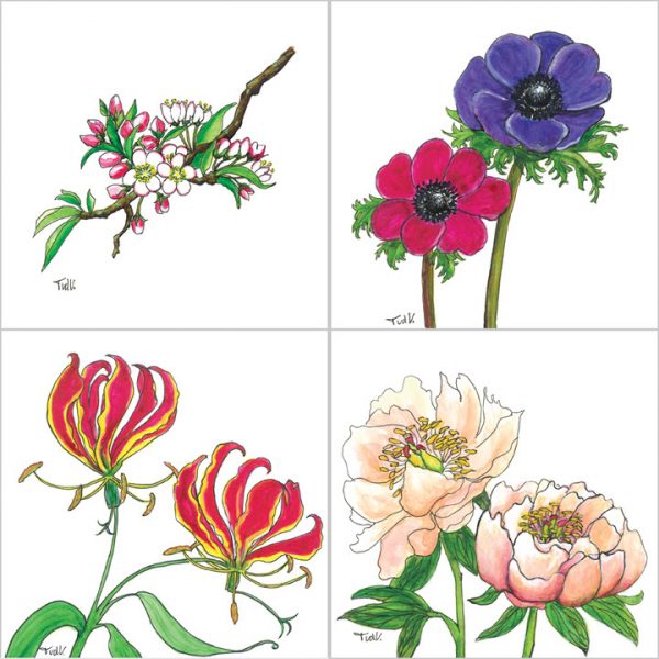 Set van 4 stuks luxe bloemenkaarten 13 x 13 cm